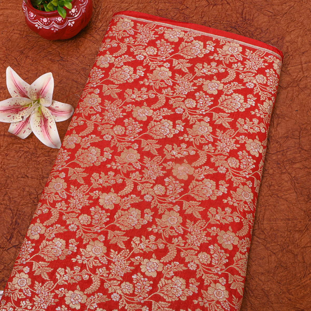 Red Dual Tone Zari Floral Jaal Jamawar Silk Fabric