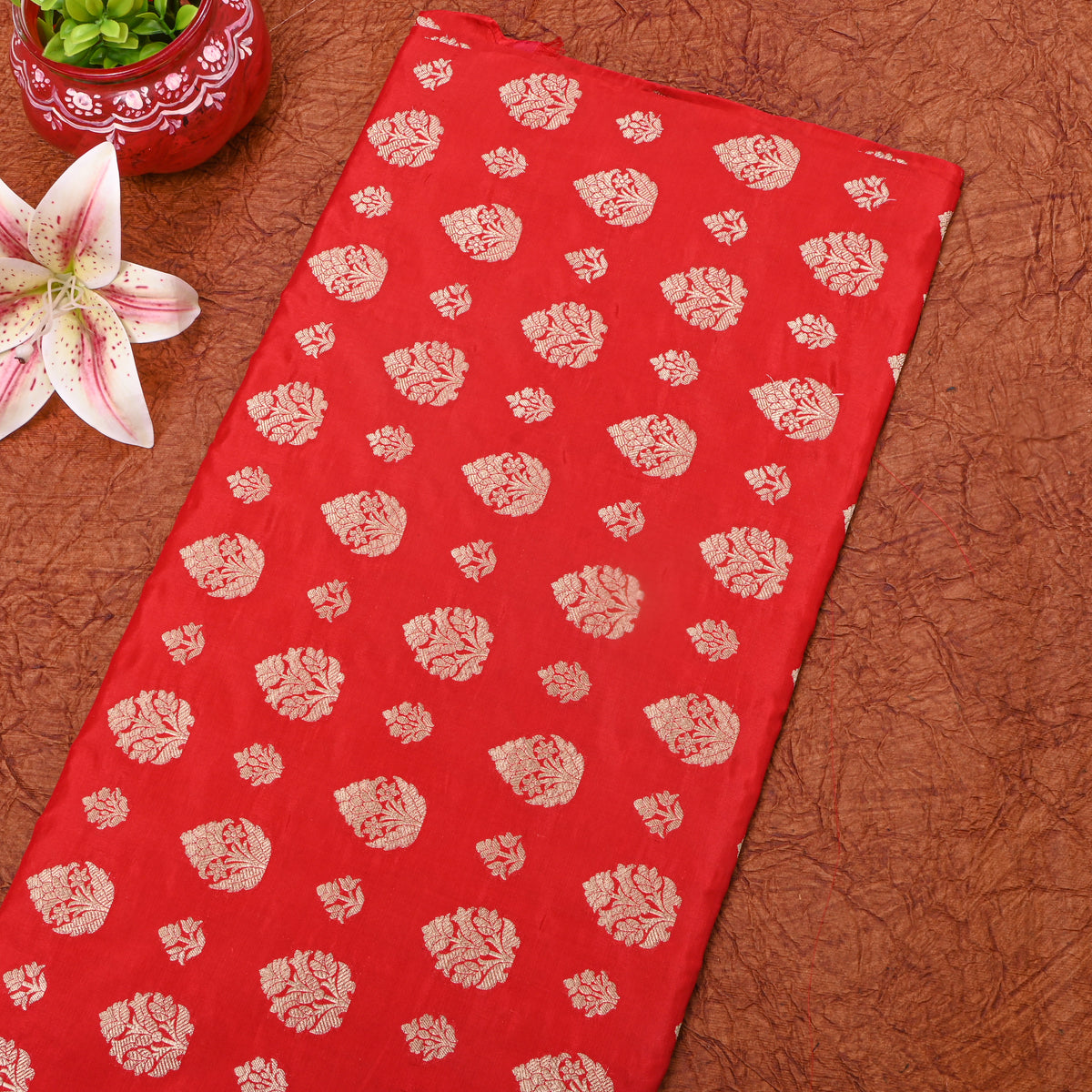 Poppy Red Gold Zari Weave Brocade Banarasi Silk Fabric