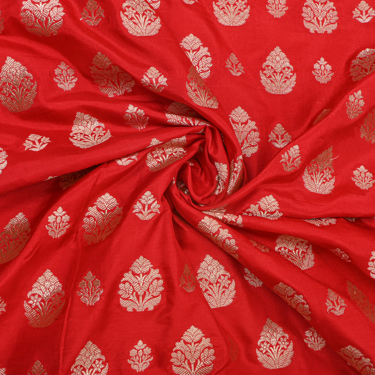 Poppy Red Gold Zari Weave Brocade Banarasi Silk Fabric