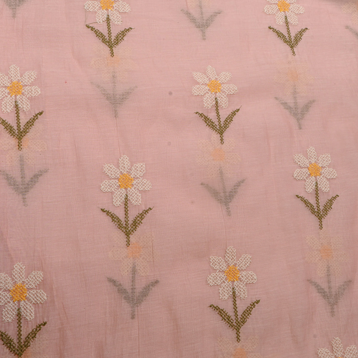 Apricot White Daisy Floral Thread Work Chanderi Fabric