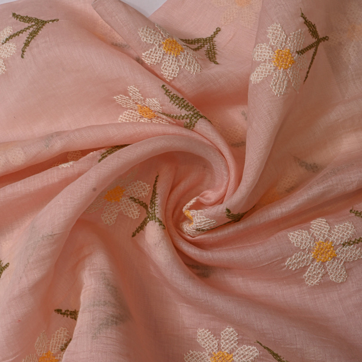 Apricot White Daisy Floral Thread Work Chanderi Fabric