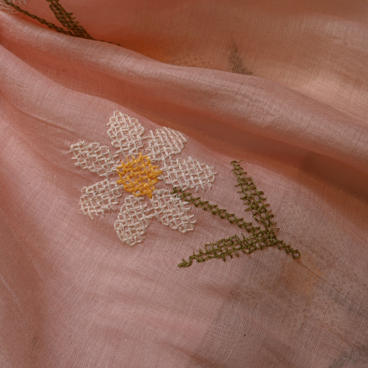 Apricot White Daisy Floral Thread Work Chanderi Fabric