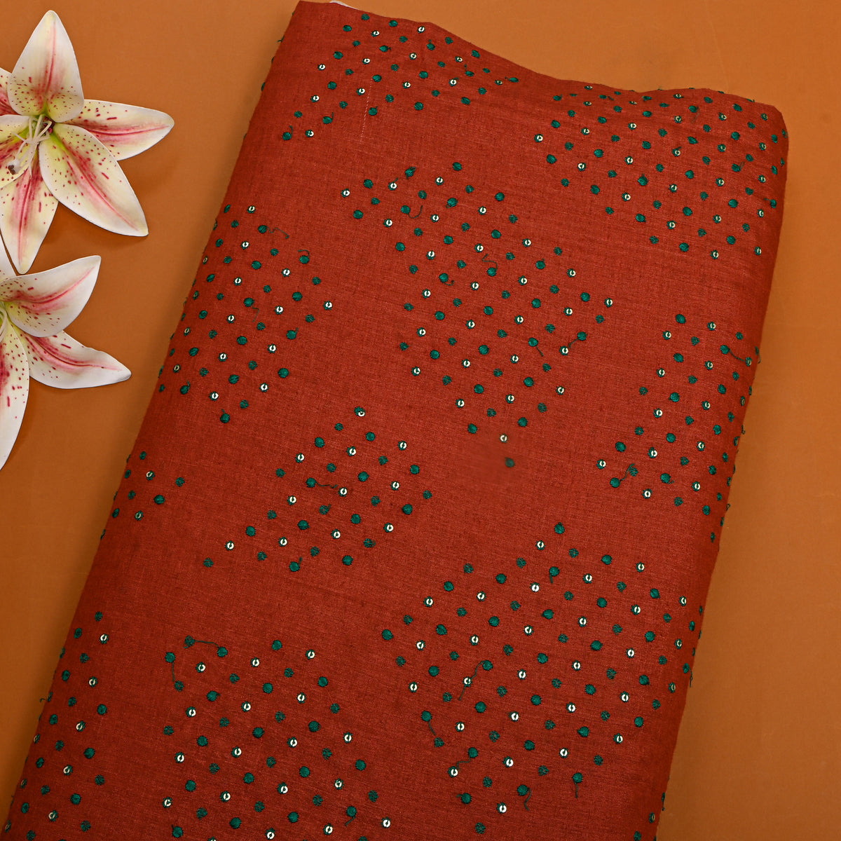 Dark Rust Orange Geometric Thread Work Tussar Fabric