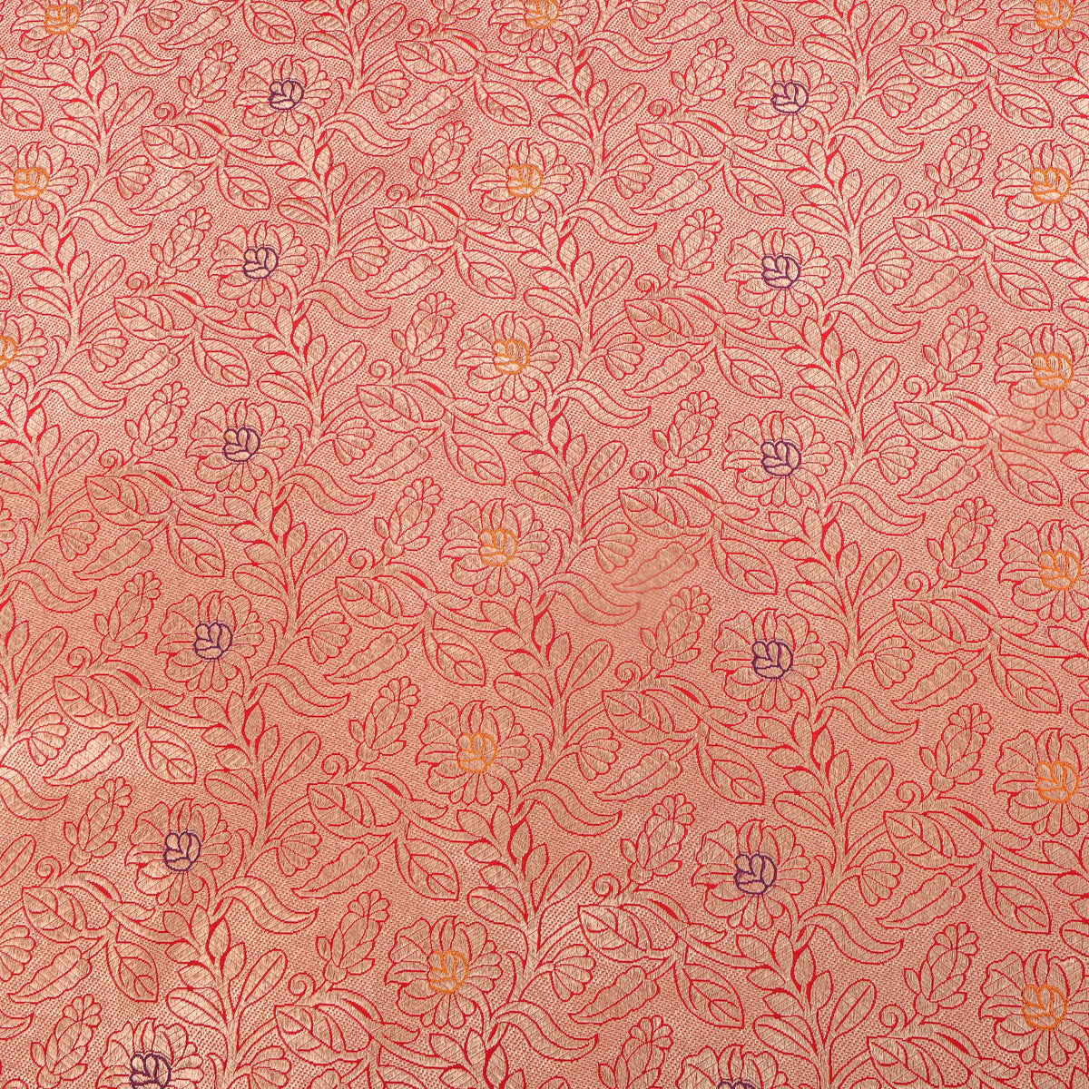 Golden Salmon Red With Gold Zari Floral Self Weave Jamawar Silk Fabric