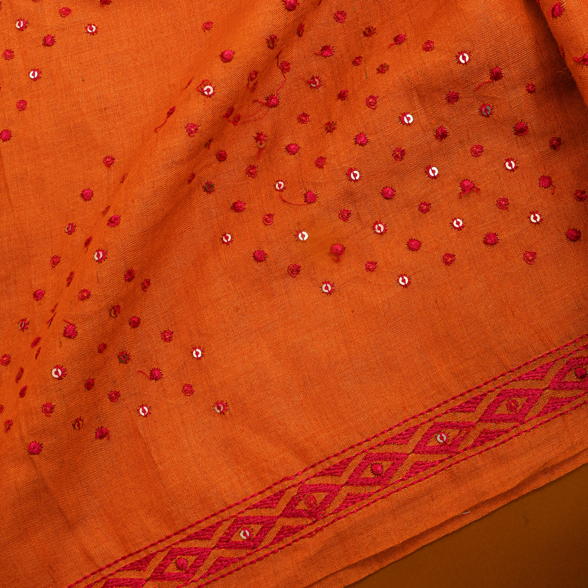 Amber Orange Geometric Thread Work Tussar Fabric