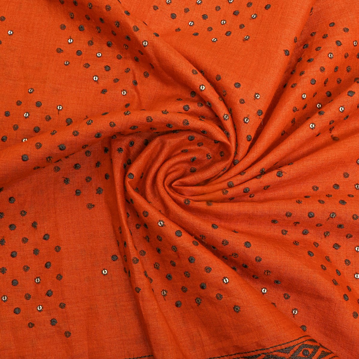 Rust Orange Geometric Thread Work Tussar Fabric