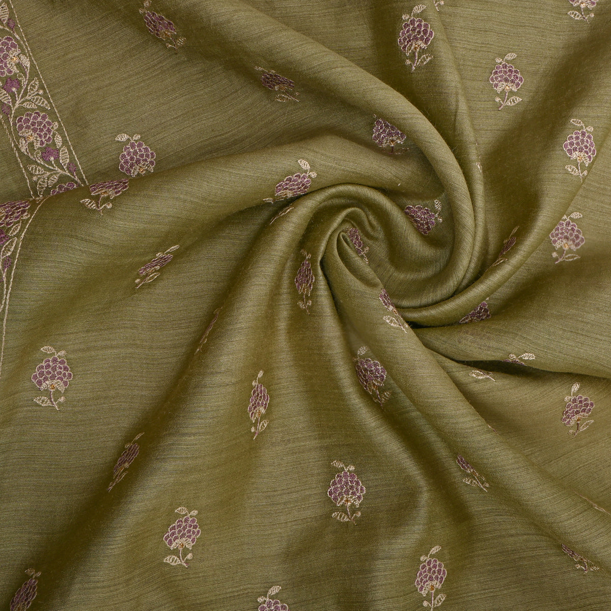 Olive Green And Purple Floral Butti Thread Work Munga Tussar Fabric