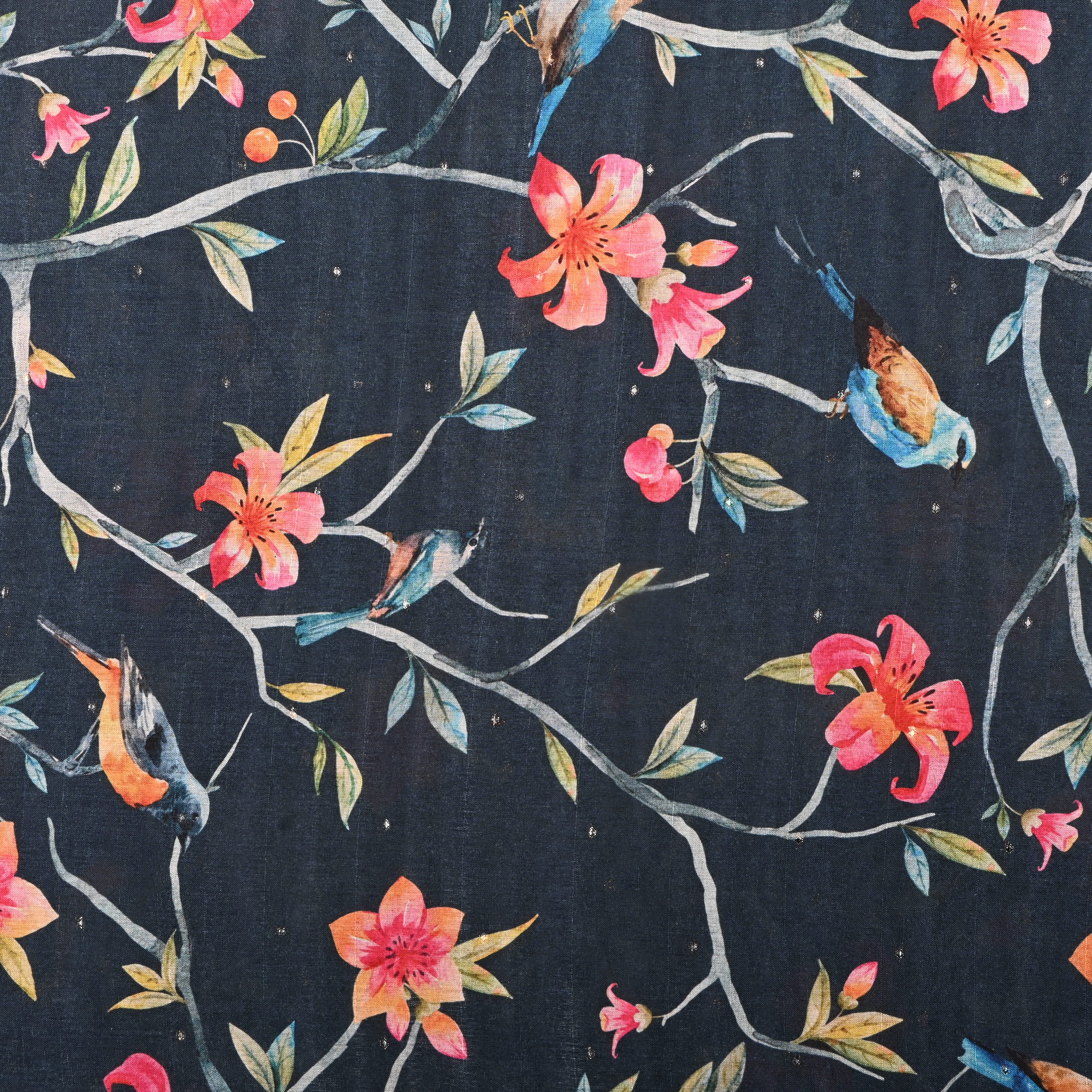 Dark Deep Blue Tussar Fabric With Digital Prints