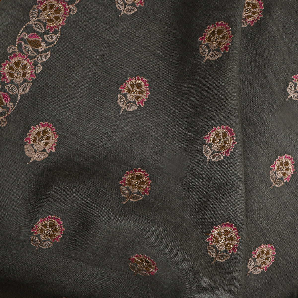 Gray Pink Floral Butti Thread Work Munga Tussar Fabric