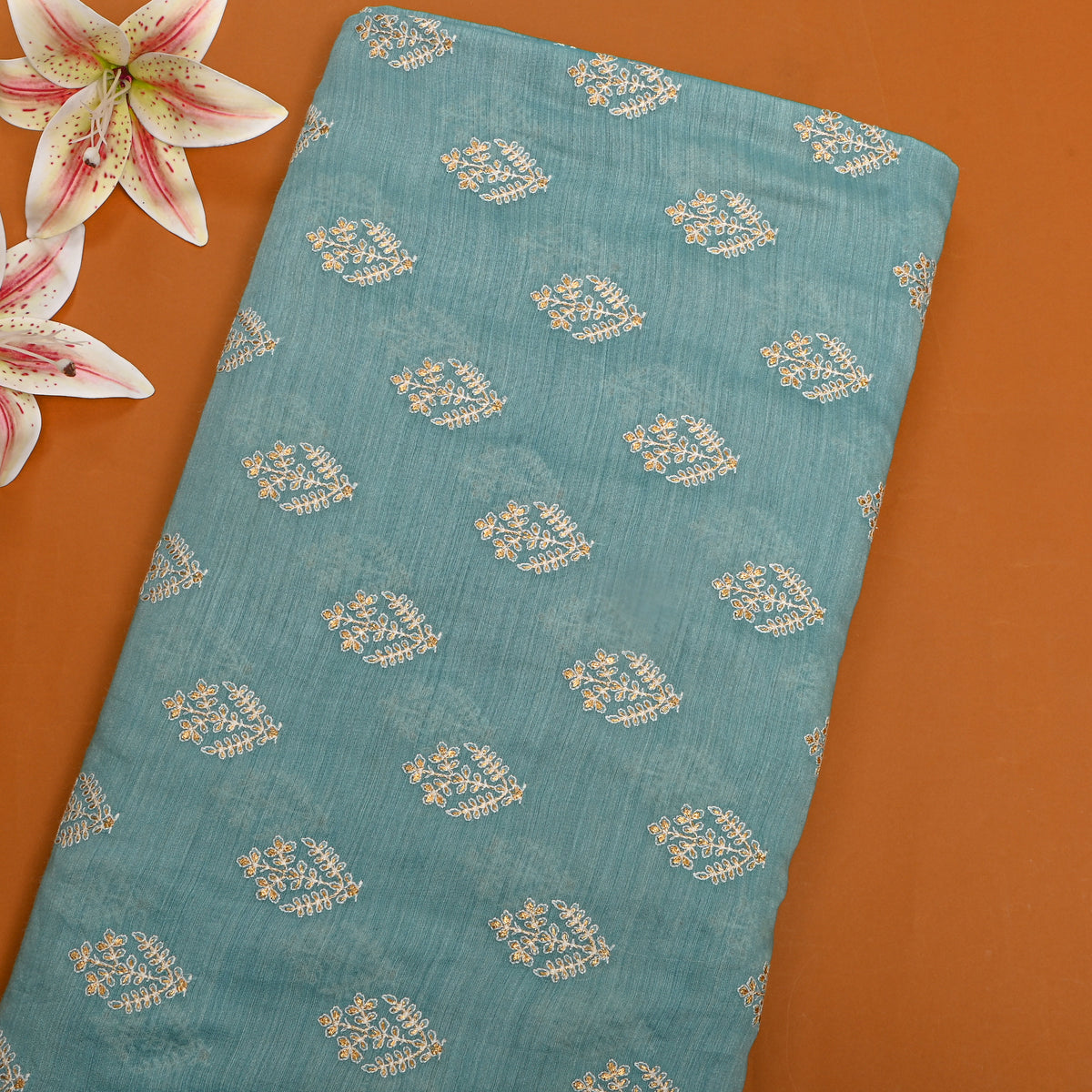 Sky Blue Gold Zari Floral Munga Tussar Fabric