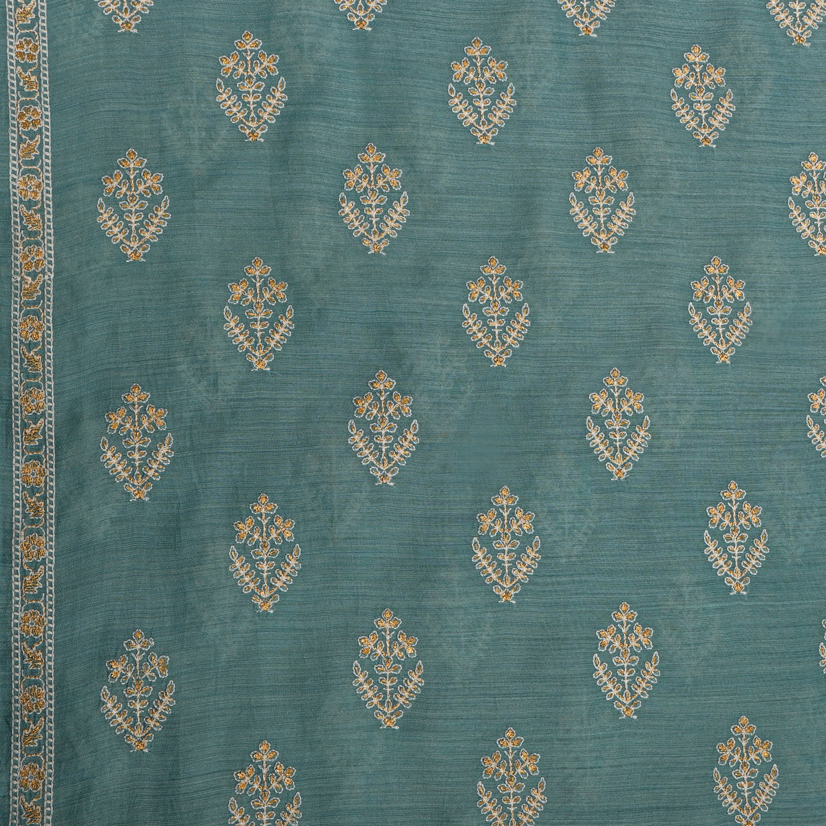 Sky Blue Gold Zari Floral Munga Tussar Fabric