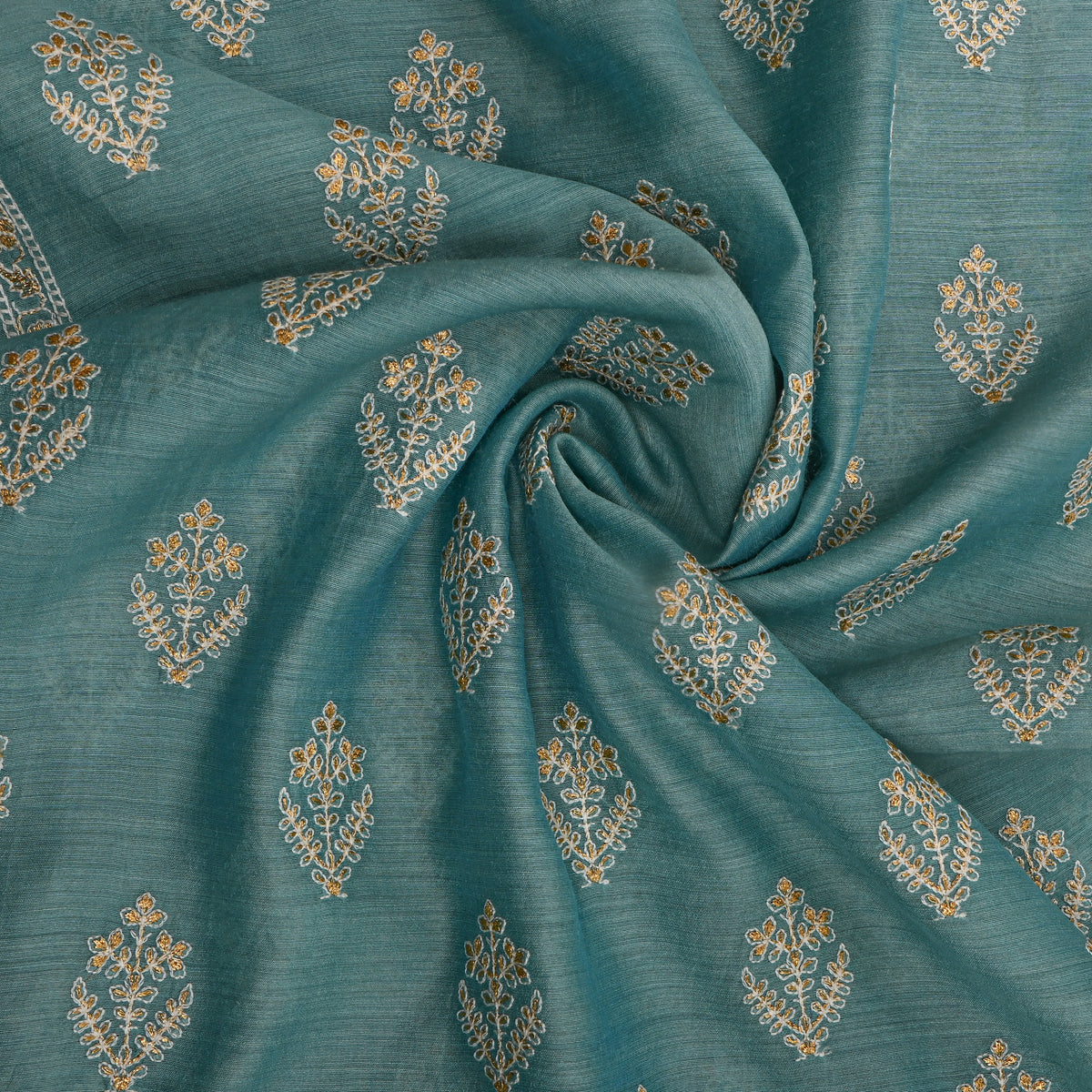 Sky Blue Gold Zari Floral Munga Tussar Fabric