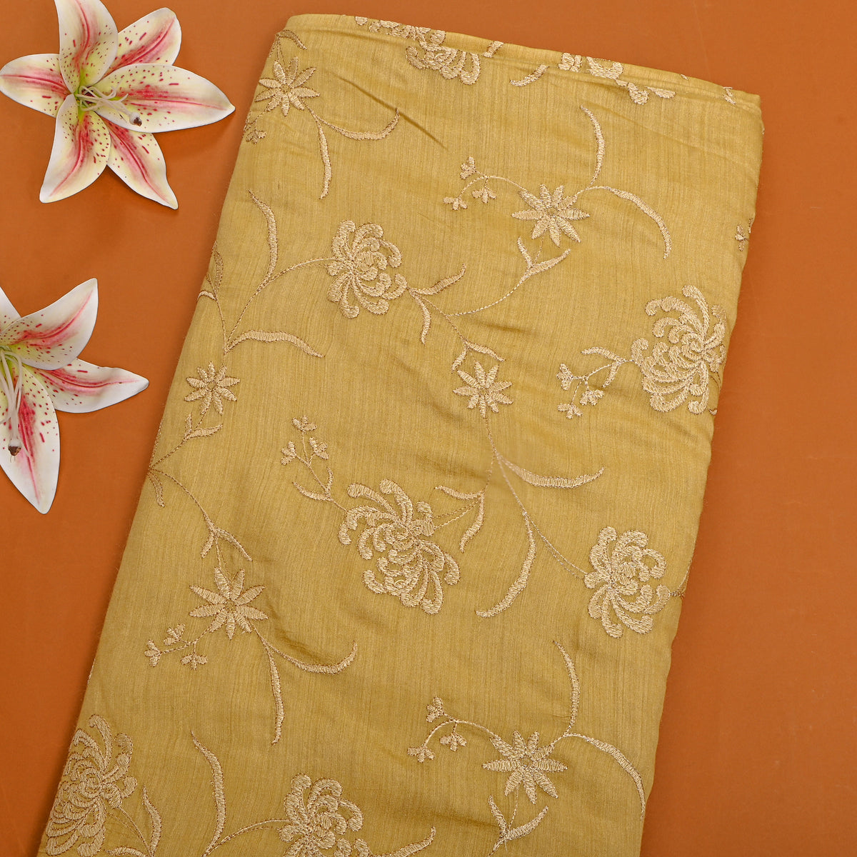 Yellow Floral Thread Work Munga Tussar Fabric