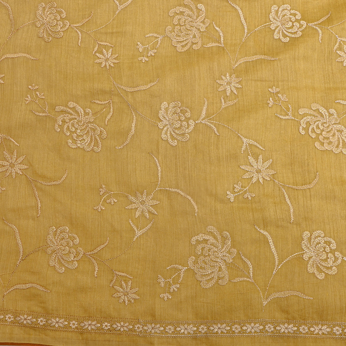 Yellow Floral Thread Work Munga Tussar Fabric