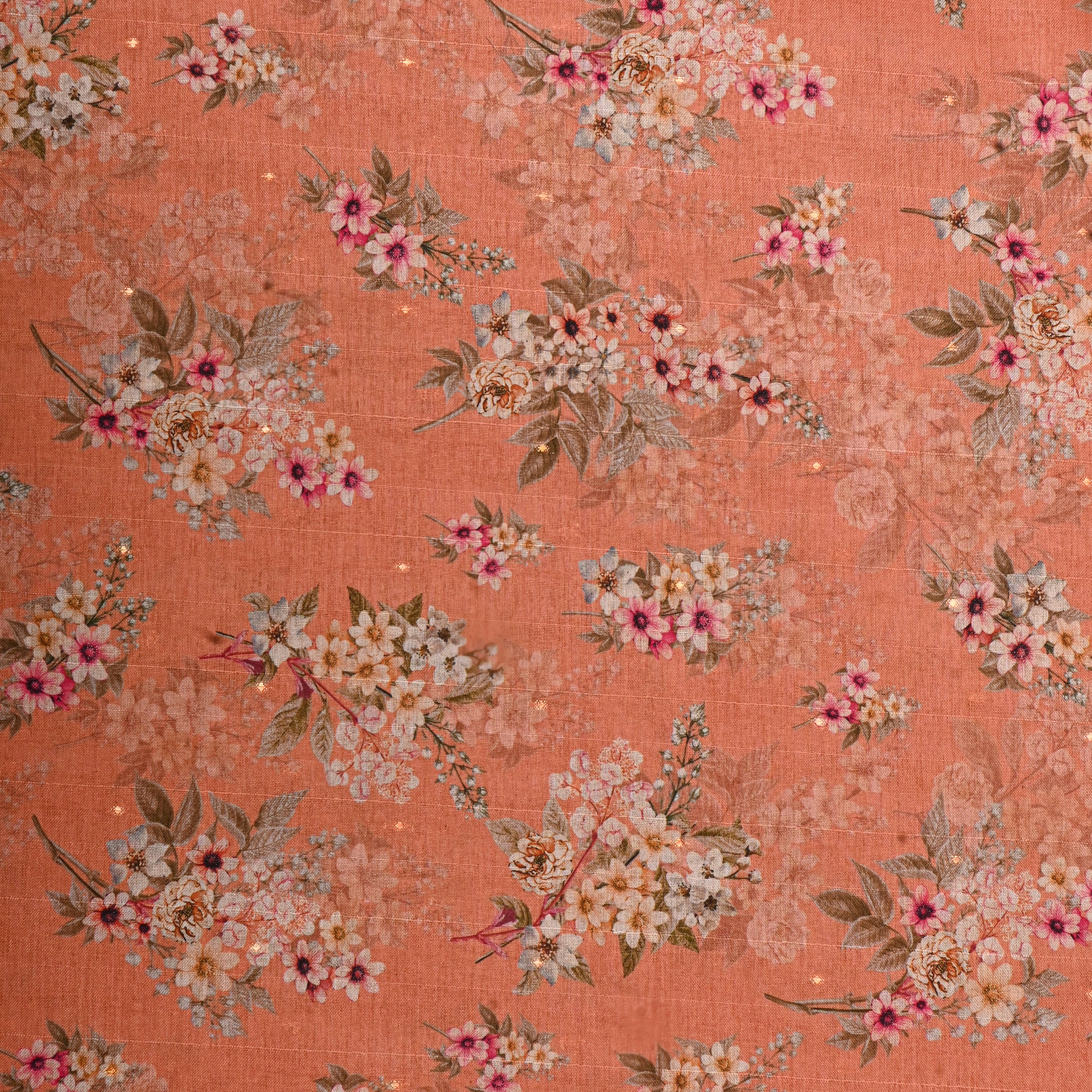 Dark Peach Tussar Fabric With Floral Prints