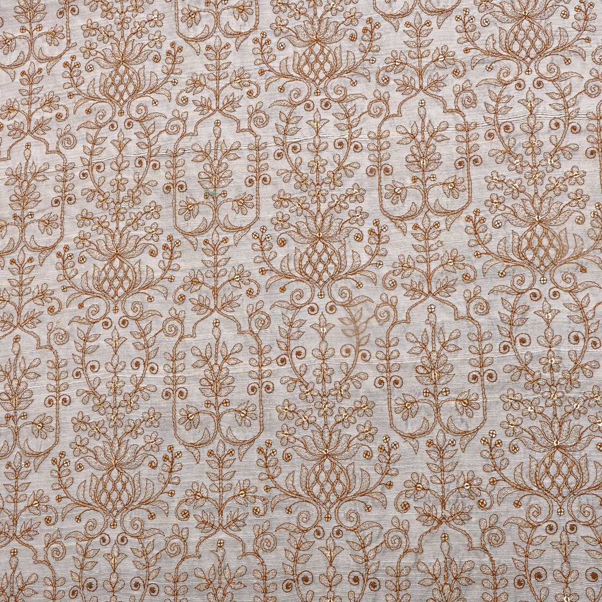 White Silver Zari Gemometric Embroidery Raw Silk Fabric