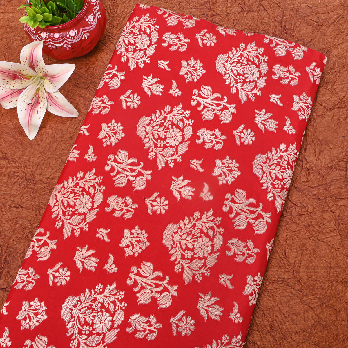 Bright Orange Gold Zari Floral Bouquet Jamawar Silk Fabric