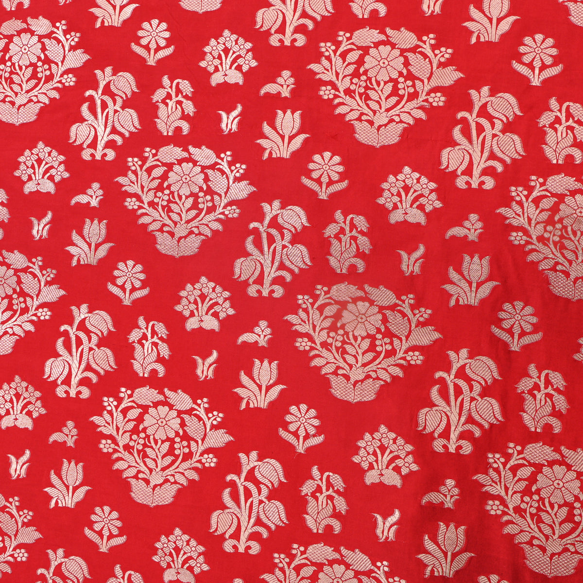 Bright Orange Gold Zari Floral Bouquet Jamawar Silk Fabric