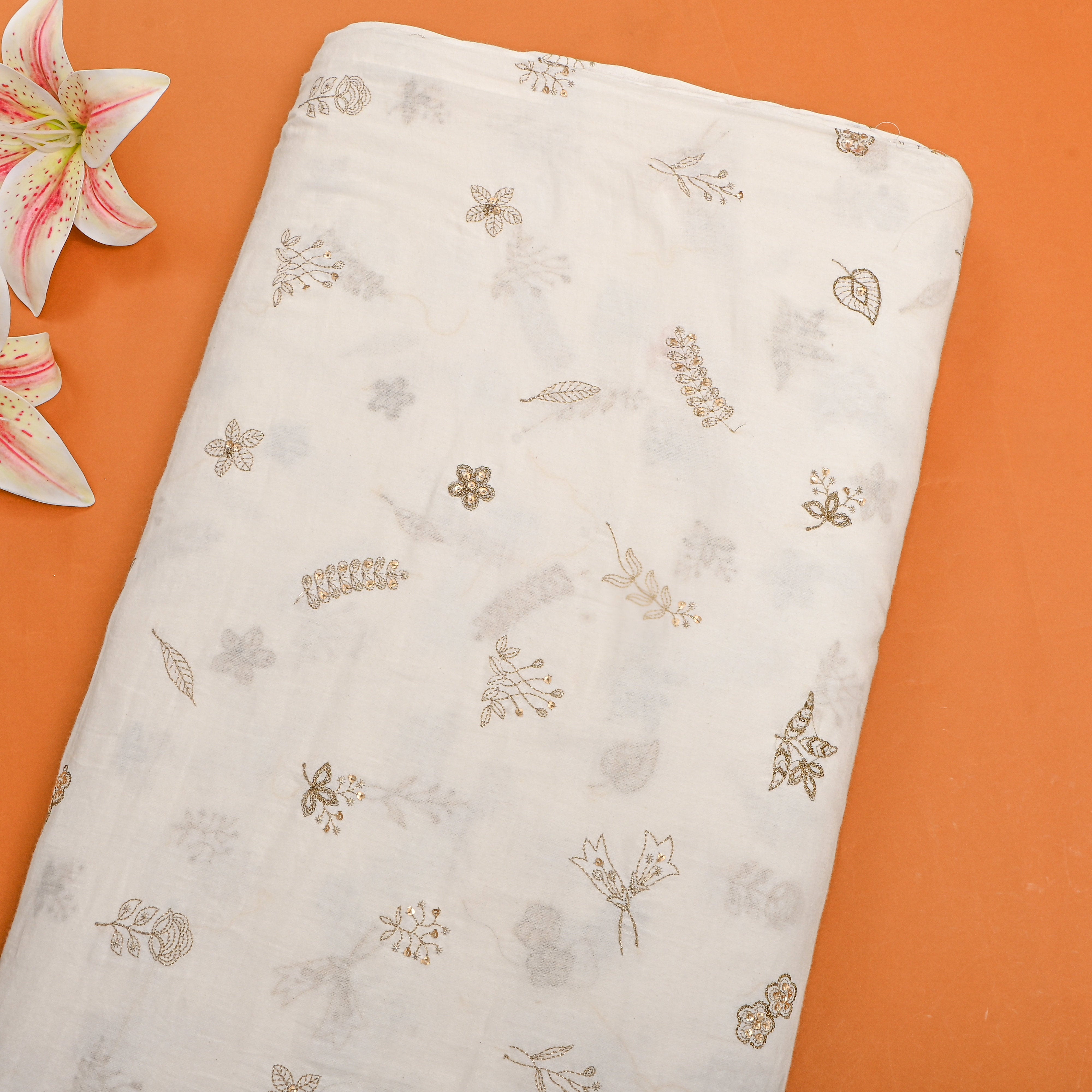 White Gold Floral Embroidered Cotton Fabric