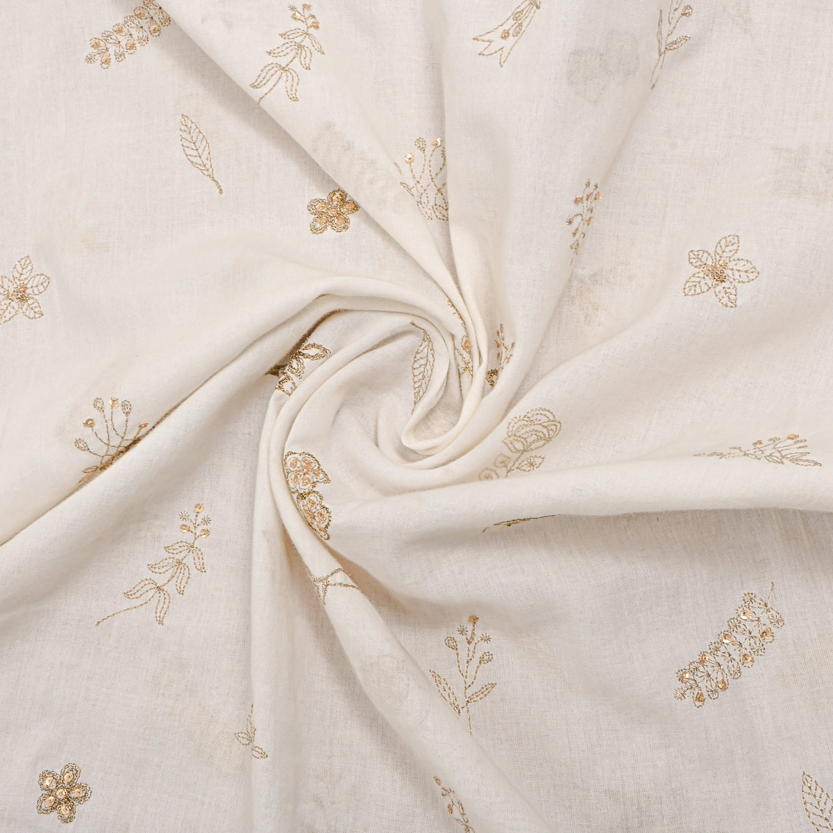 White Gold Floral Embroidered Cotton Fabric