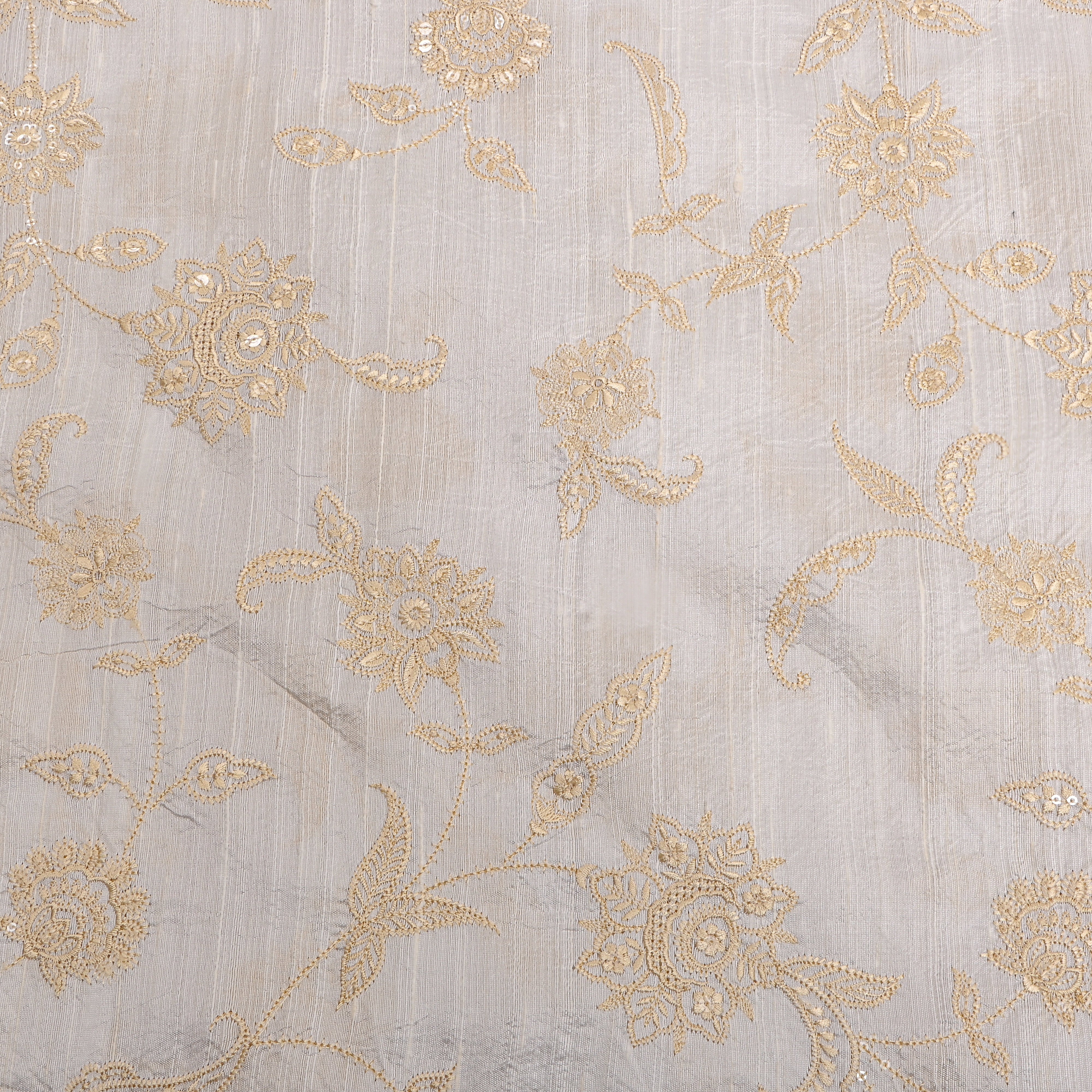 White Floral Thread Work Embroidery Raw Silk Fabric