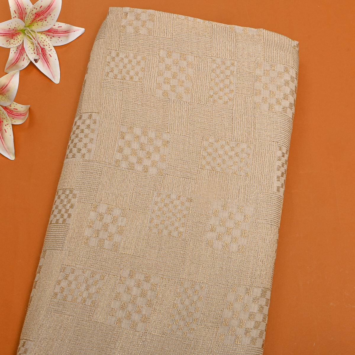 Toffee Gold Zari Geometric Embroidery Tussar Silk Fabric