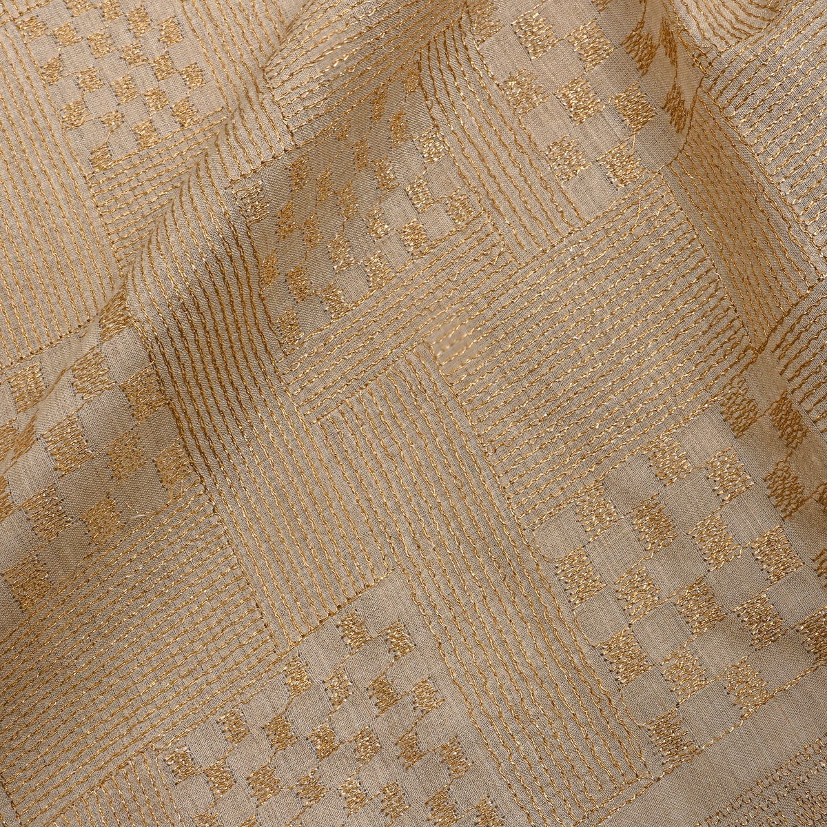 Toffee Gold Zari Geometric Embroidery Tussar Silk Fabric