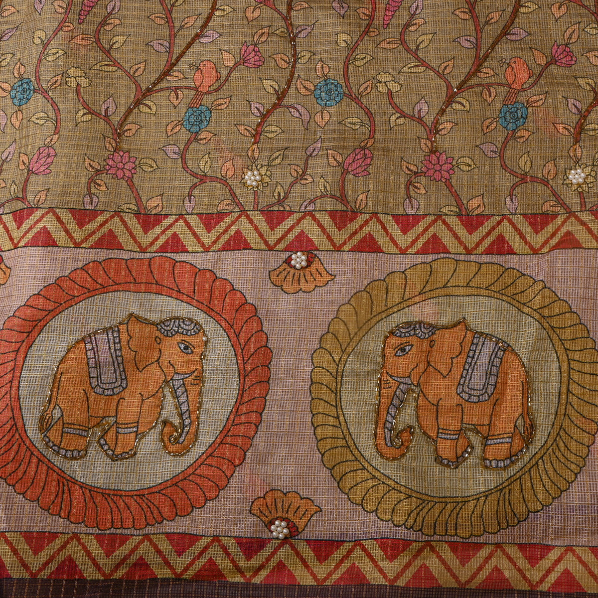 Khaki Elephant Floral Print Embroidered Kota Doria Fabric