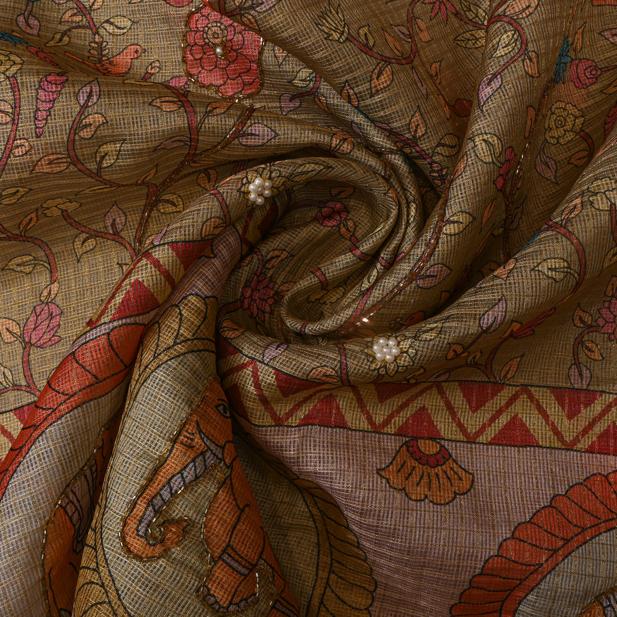 Khaki Elephant Floral Print Embroidered Kota Doria Fabric