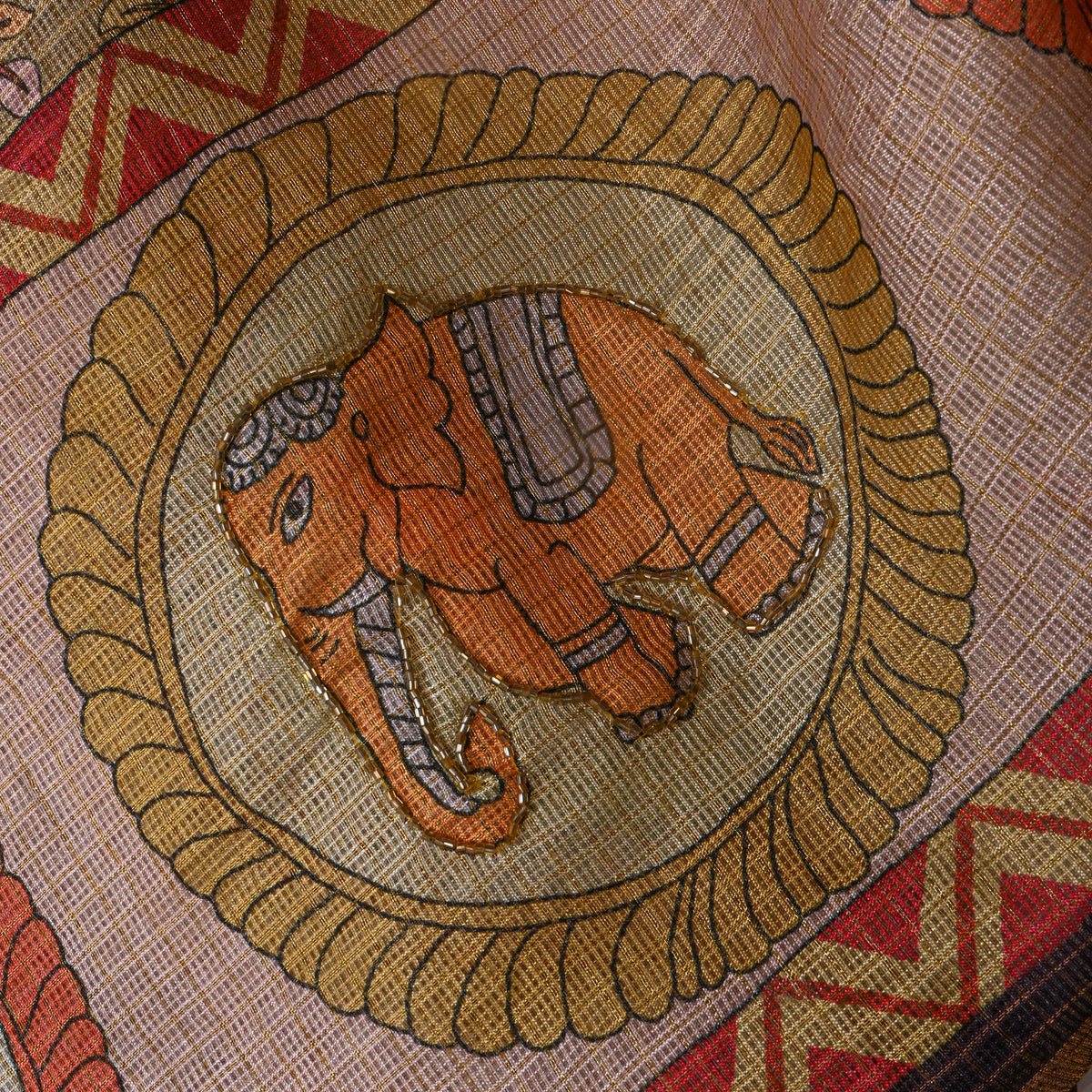 Khaki Elephant Floral Print Embroidered Kota Doria Fabric