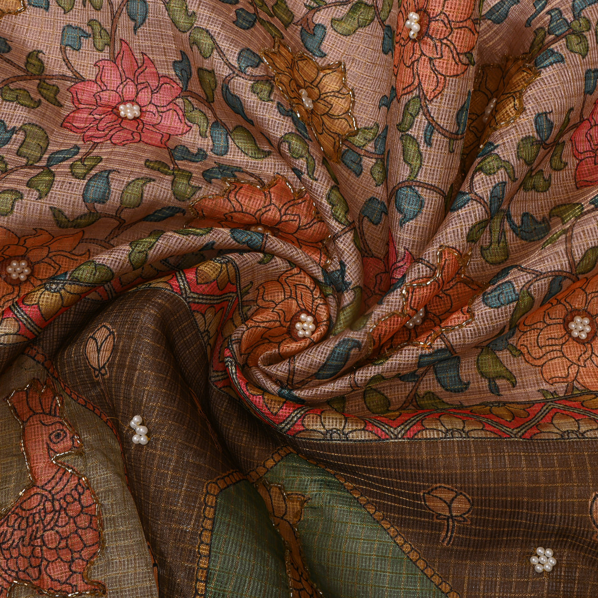 Blush Floral Print Embroidered Kota Doria Fabric With Bird Border