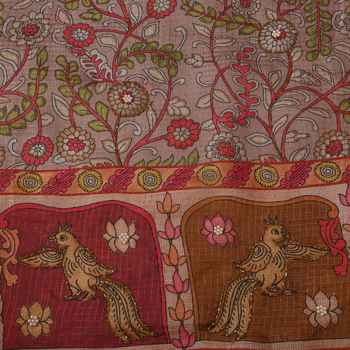Taupe Floral Vine Print Embroidered Kota Doria Fabric