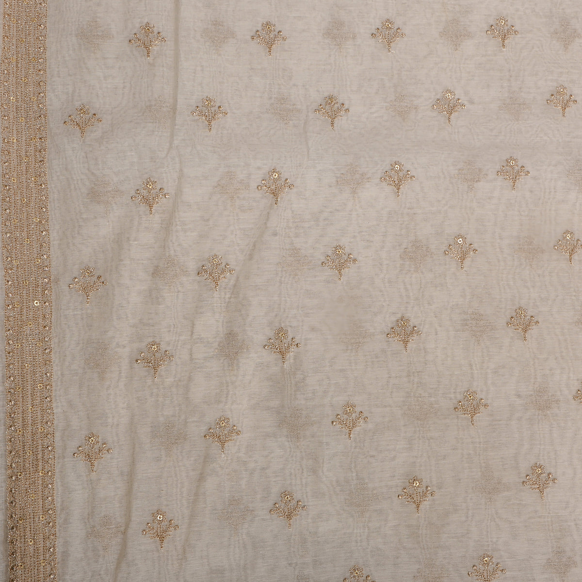 Gold Butti White Chanderi With Thin Border