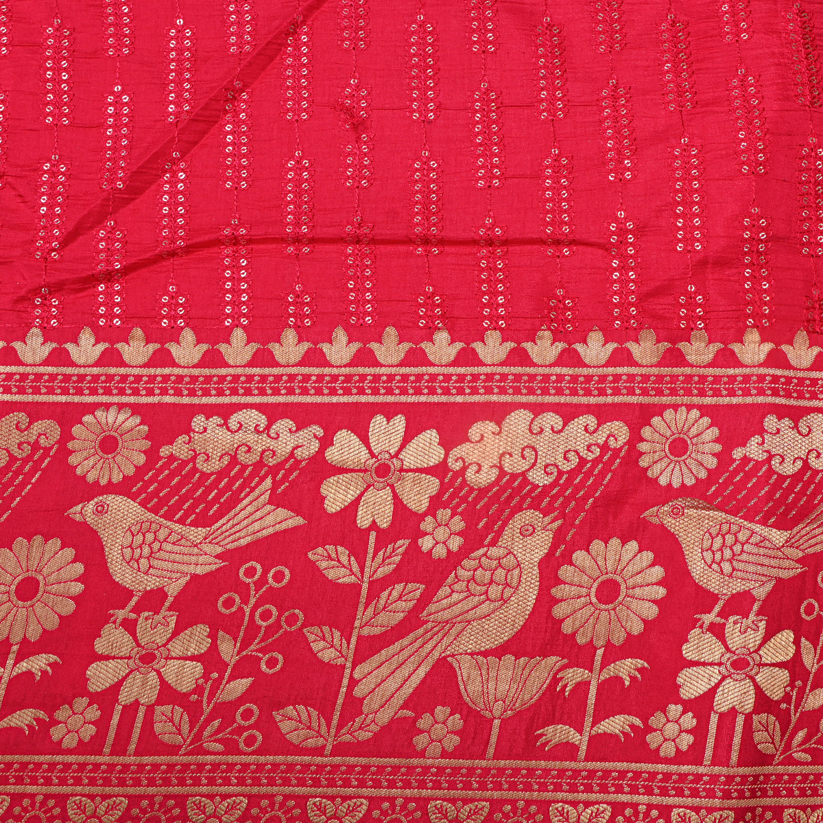 Rani Pink Sequin Leaf Stripe Embroidery Silk Fabric