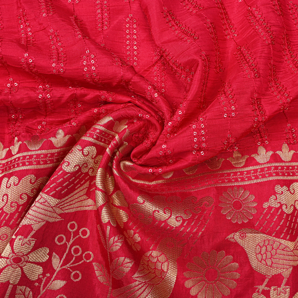 Rani Pink Sequin Leaf Stripe Embroidery Silk Fabric