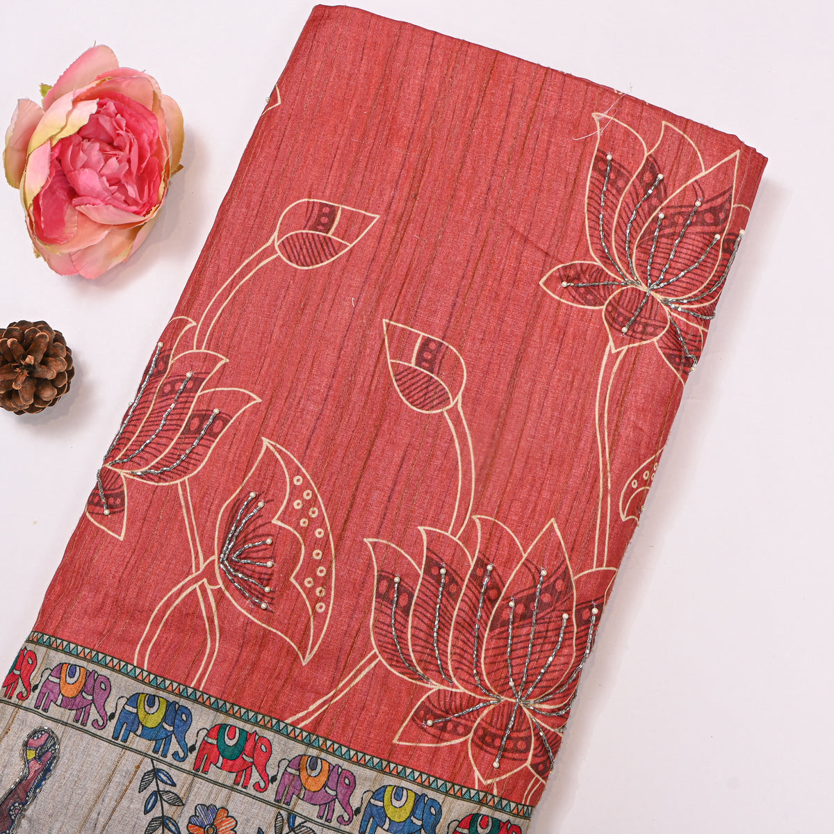 Brick Red Lotus Elephant Border Print Dupion Silk Fabric