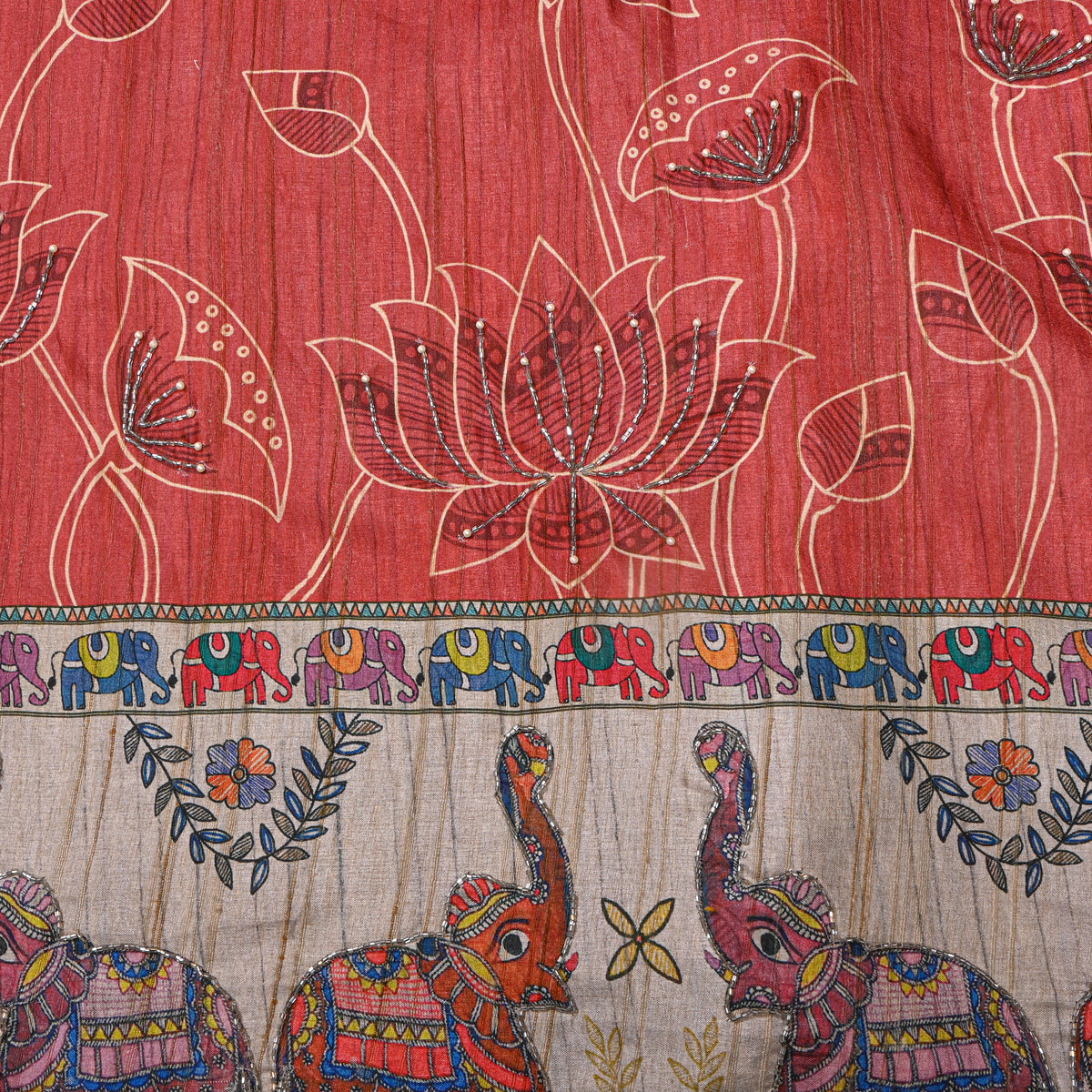 Brick Red Lotus Elephant Border Print Dupion Silk Fabric