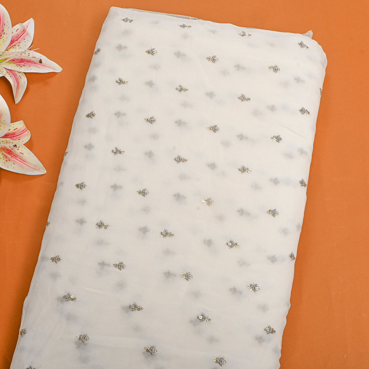 Bone White Gold Sequin Butti Georgette Fabric