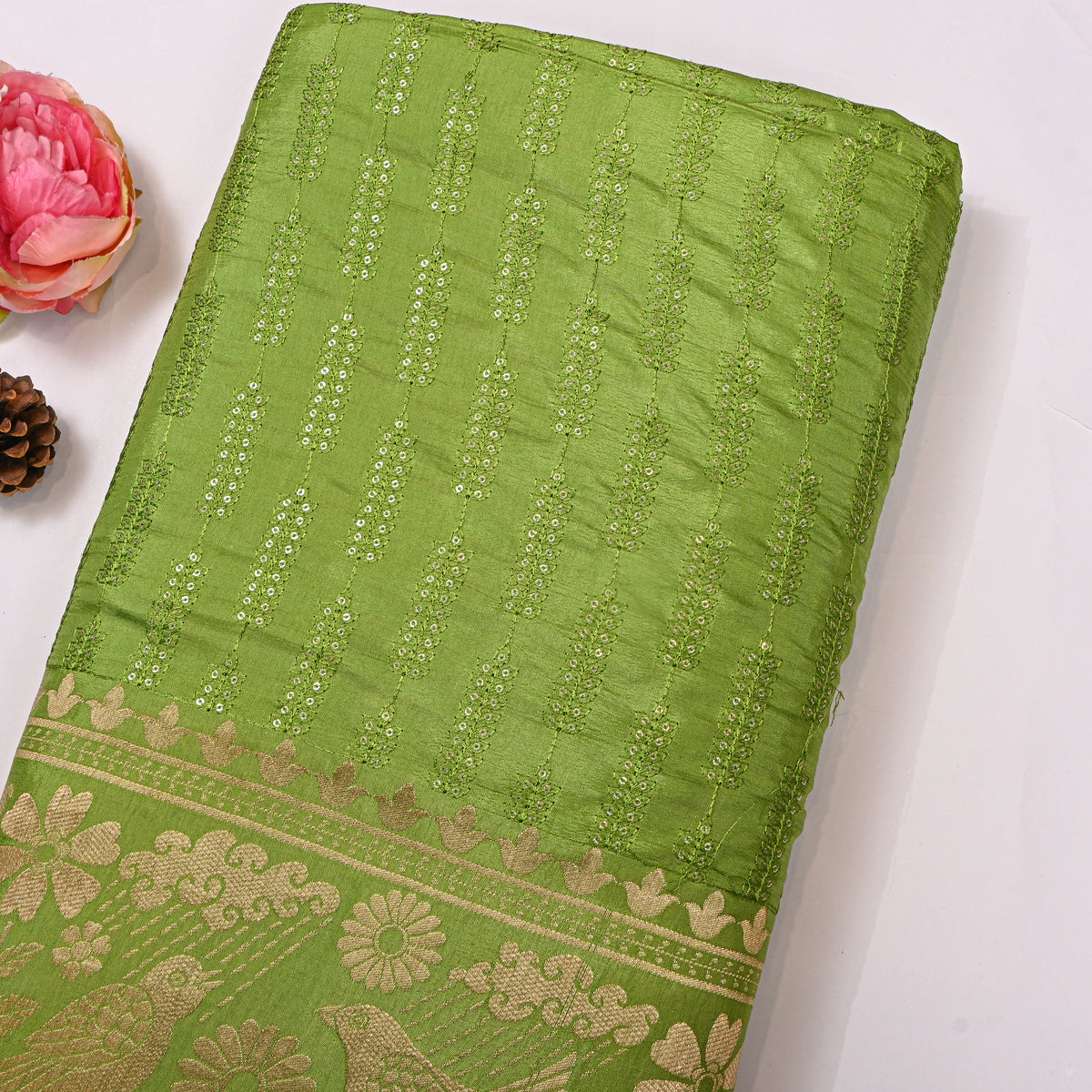 Parrot Green Sequin Leaf Stripe Embroidery Silk Fabric