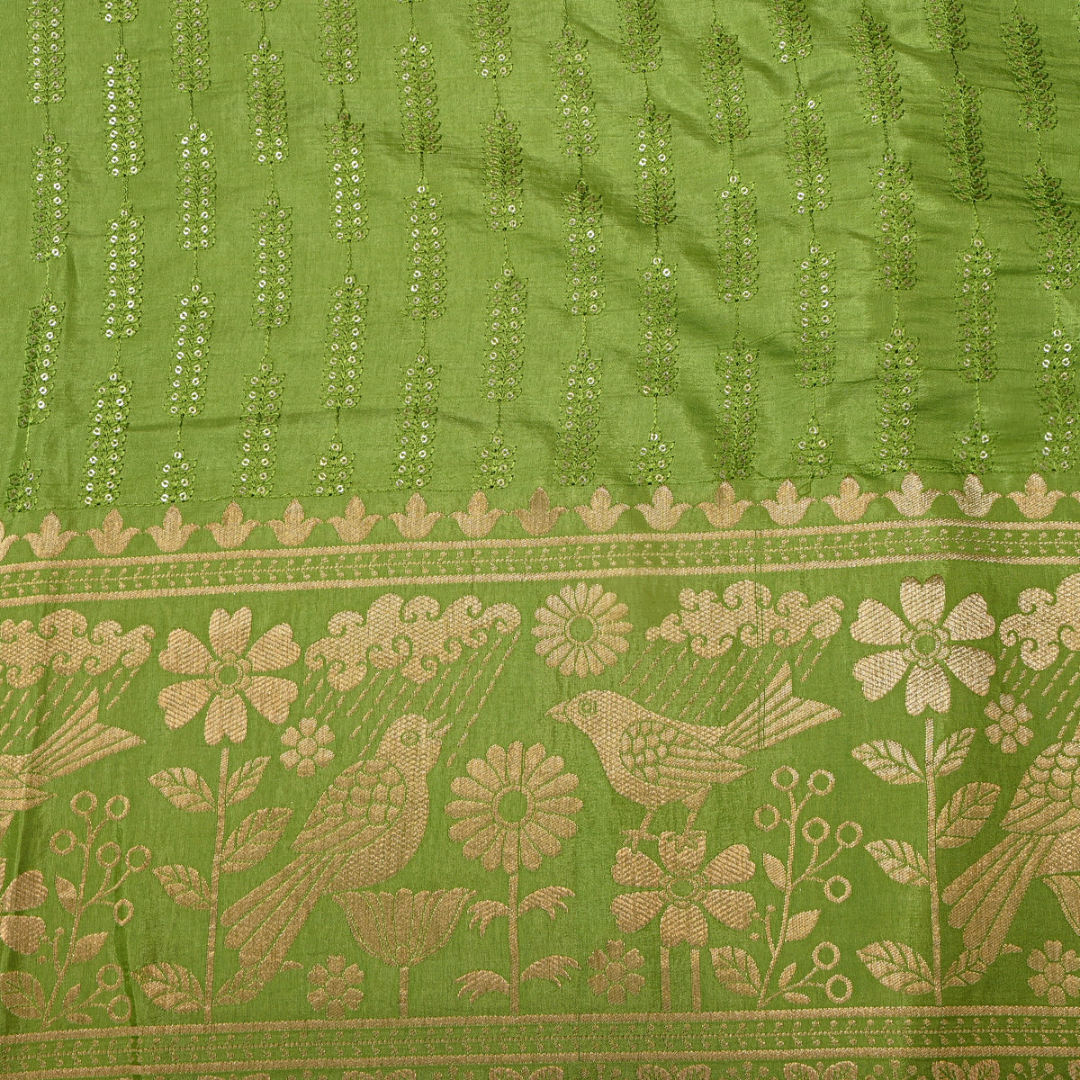 Parrot Green Sequin Leaf Stripe Embroidery Silk Fabric