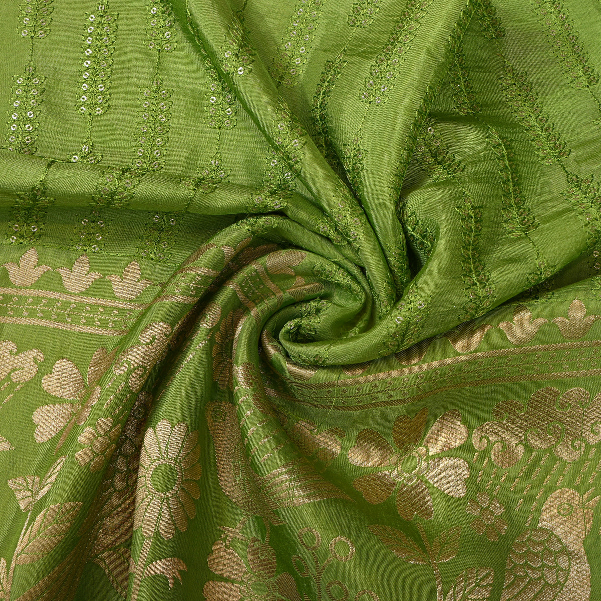 Parrot Green Sequin Leaf Stripe Embroidery Silk Fabric
