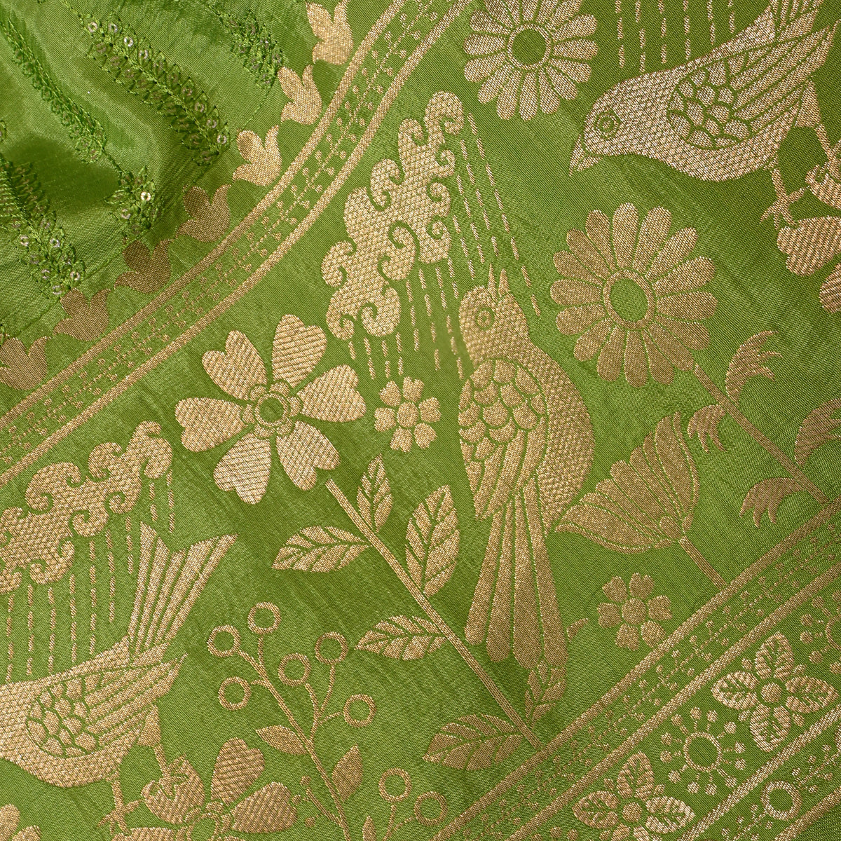 Parrot Green Sequin Leaf Stripe Embroidery Silk Fabric