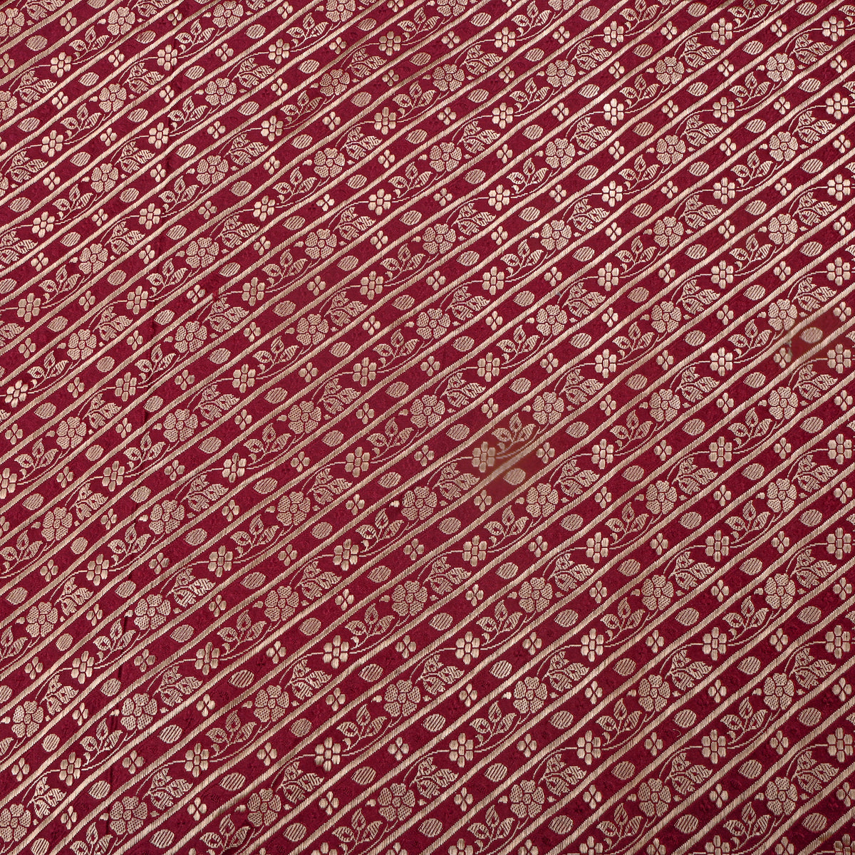 Burgundy Gold Zari Diagonal Floral Stripe Jamawar Silk Fabric