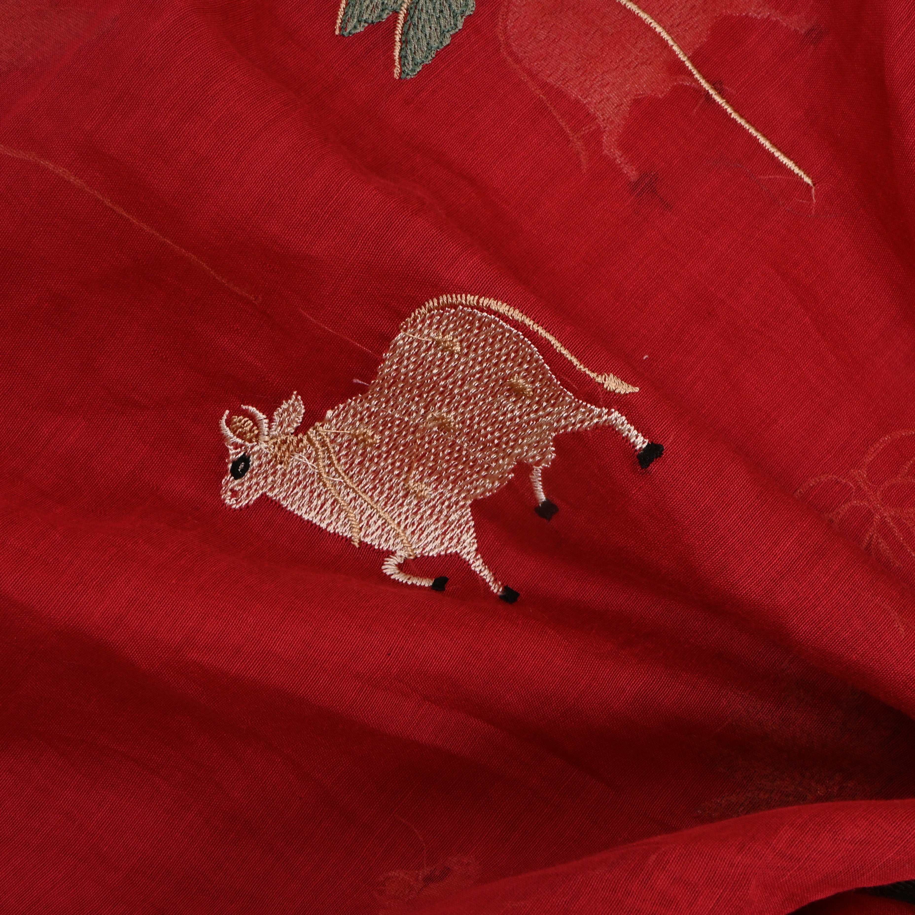 Rich Red Embroidered Chanderi Fabric