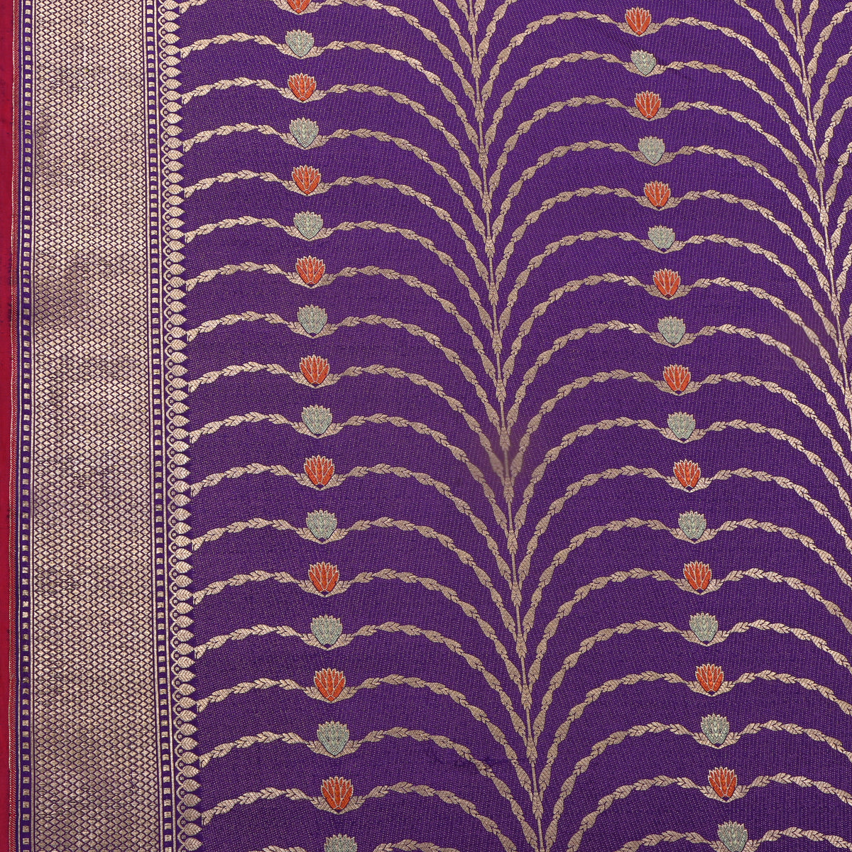 Royal Purple Gold Zari Vine Butti Self Weave Jamawar Silk Fabric