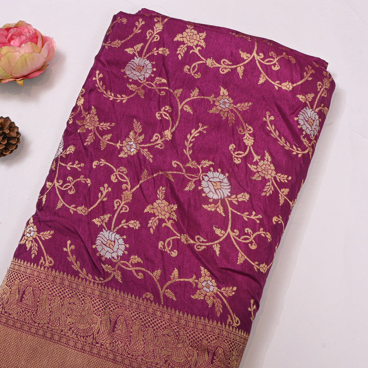 Plum Dual Tone Floral Jaal Jamawar Silk Fabric