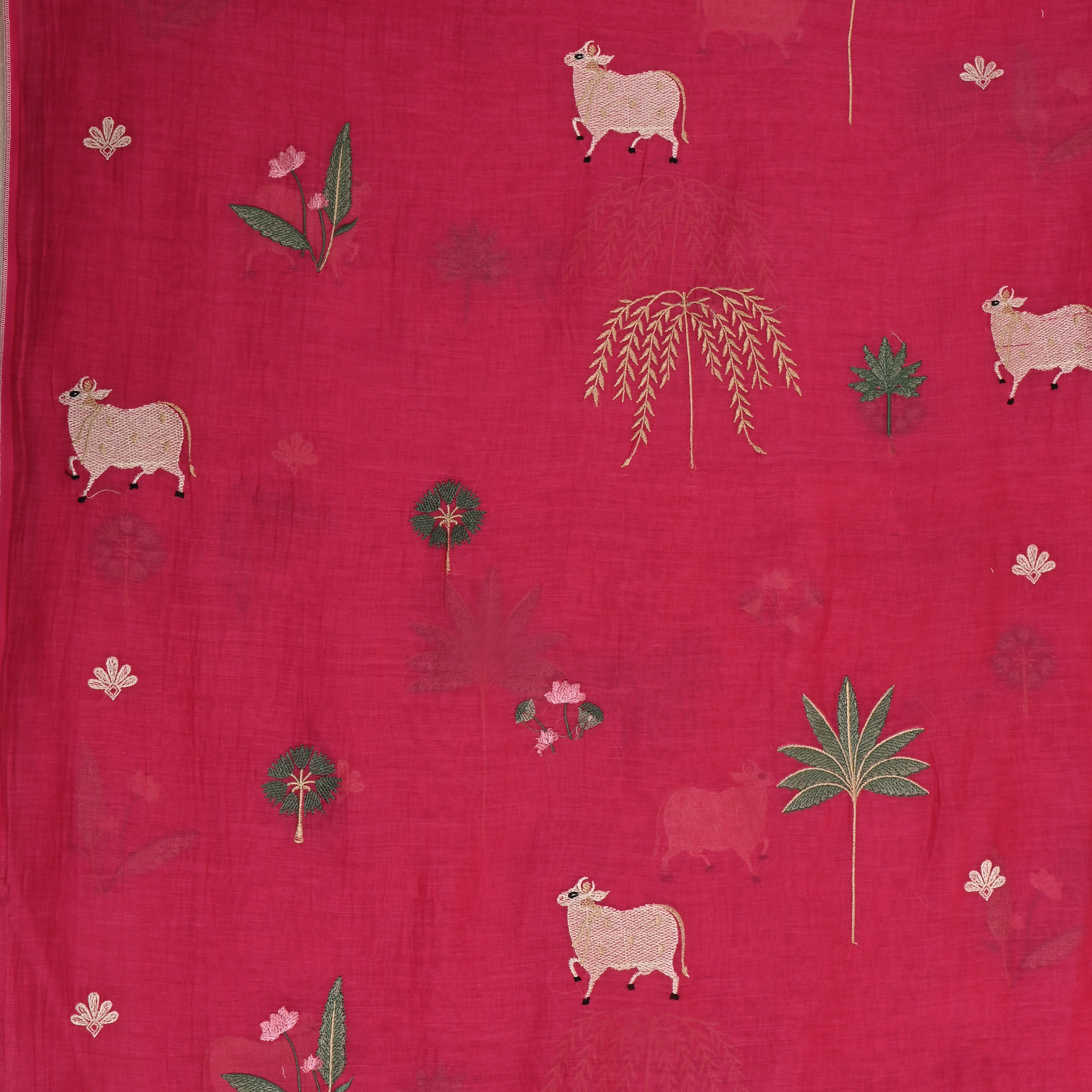 Crimson Pink Embroidered Chanderi Fabric