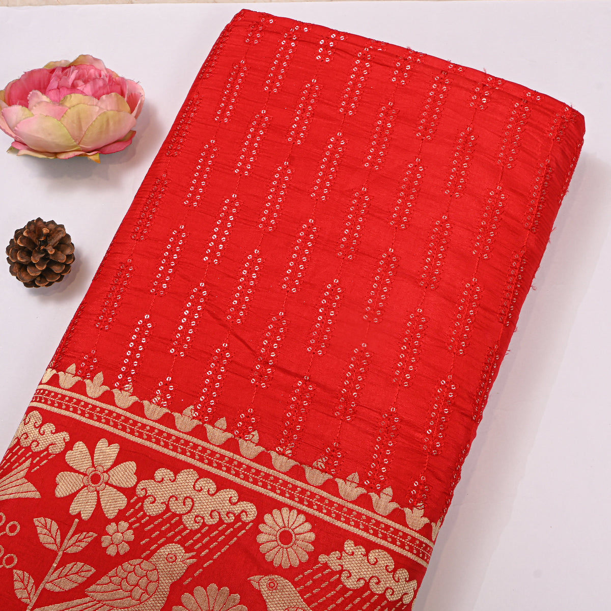 Tomato Sequin Leaf Stripe Embroidery Silk Fabric
