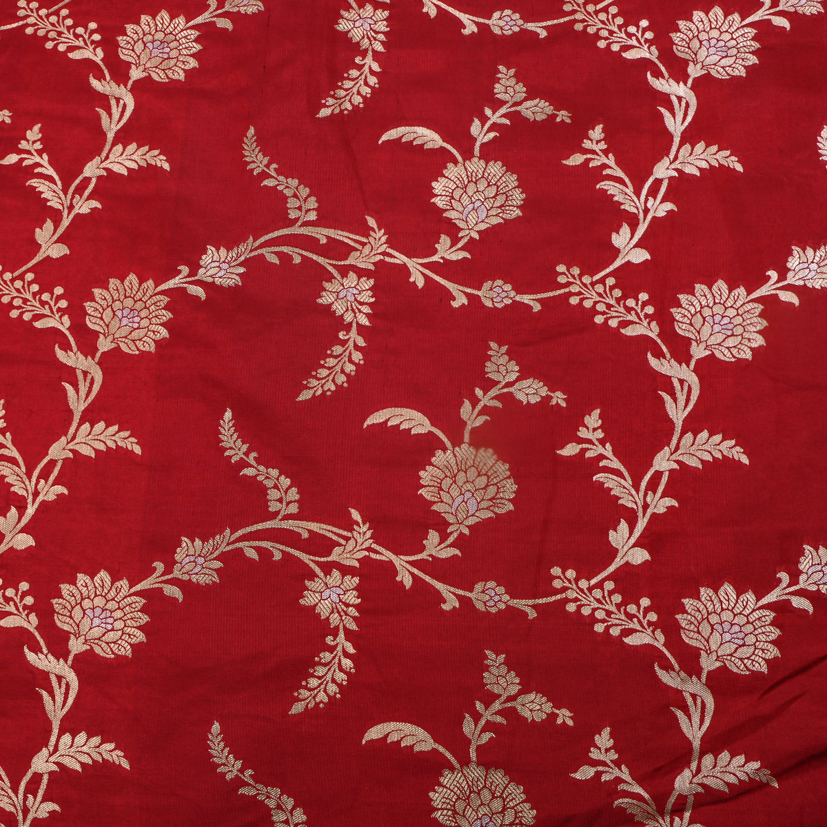 Tangerine Orange Dual Zari Floral Jall Banarasi Silk Fabric