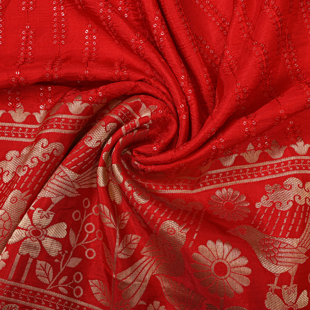 Tomato Sequin Leaf Stripe Embroidery Silk Fabric